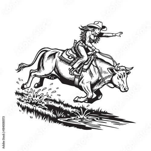 Cowgirl riding a bucking bull in a rodeo competition illustration