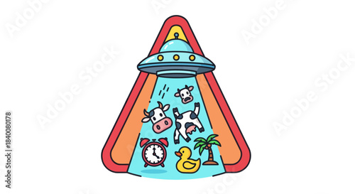 Alien Encounter Abducting Cows, Clock, Duck, and Palm Tree Illustration, Colorful Design