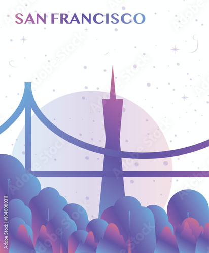 San Francisco, California USA gradient futuristic poster. Vector landmark abstract silhouette graphic for brochure, vertical page, booklet, cover