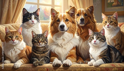 Two dogs and two cats sitting side by side on patterned couch in cozy sunlit living room, each with distinct fur and expression, warm atmosphere with window light and drawn curtains in background.