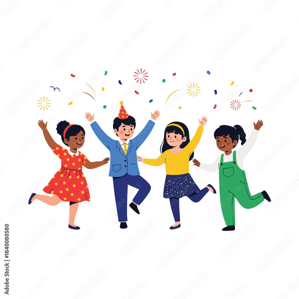 Fototapeta premium Cheerful 2D illustration of children dancing together at a New Year party