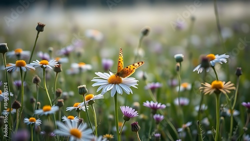 directional. Wildflower meadow with chamomile and purple blooms, butterfly resting on a petal. ESG reports, sustainability campaigns, designed for environmental awareness campaigns.