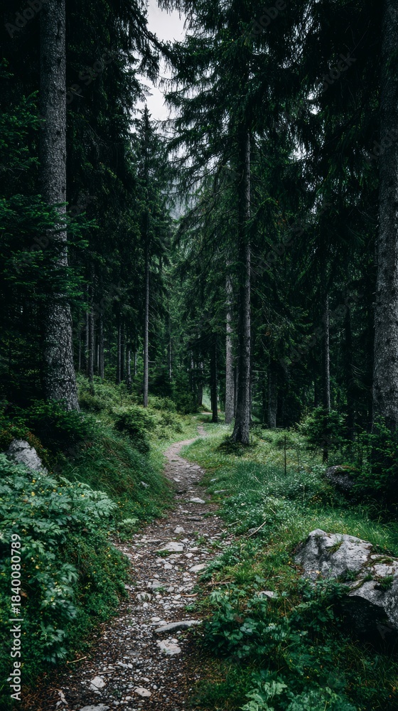 Fototapeta premium Empty walking path through a dense, dark green pine forest. Nature trail for hiking and outdoor adventure. Serene mountain woodland landscape.