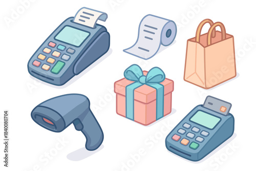Retail shopping icons: payment terminal, barcode scanner, gift box, paper receipt, shopping bag