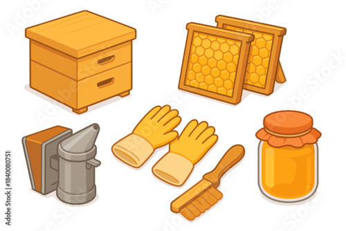 Beekeeping essentials: honeycomb frames, honey jar, gloves, smoker, brush graphics