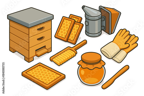 Beekeeping equipment collection: hive, honey, smoker, gloves, and frames