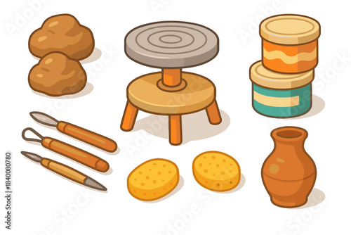 Pottery tools and materials: clay, wheel, brushes, jars, and sponges