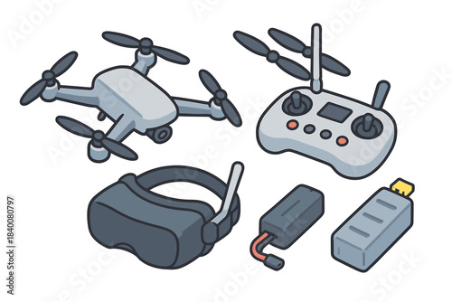 Drone kit with remote controller, battery, and vr goggles in anime style