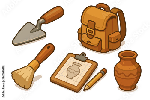 Archaeology tools: backpack, trowel, brush, clipboard, pencil, vase illustration