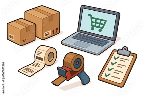 E-commerce elements: packages, laptop, receipt, tape dispenser, and checklist