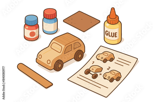 Wooden car model crafting kit with paints glue and instructions