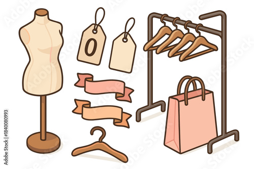 Fashion boutique elements: mannequin, hangers, price tags, shopping bag, ribbons