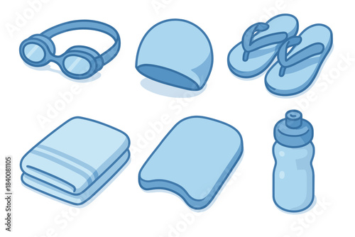 Blue swimming gear set: goggles, cap, flip-flops, towel, kickboard, water bottle