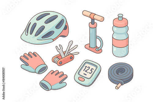 Cycling gear essentials: helmet, pump, water bottle, and tools illustrated