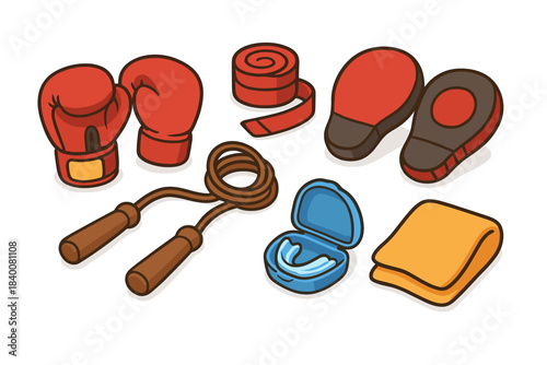 Boxing equipment: gloves, wraps, pads, jump rope, mouth guard, towel
