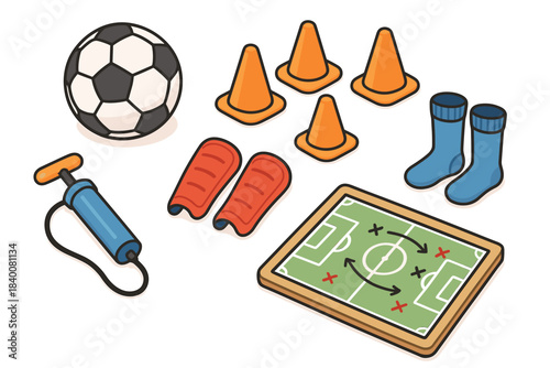 Soccer training equipment set: ball, cones, socks, pump, shin guards, strategy board