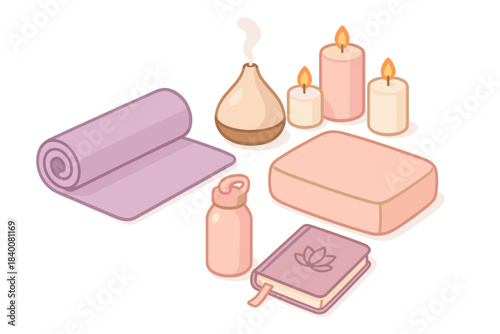 Essential yoga and meditation accessories: mat, candles, diffuser, pillow, bottle, journal