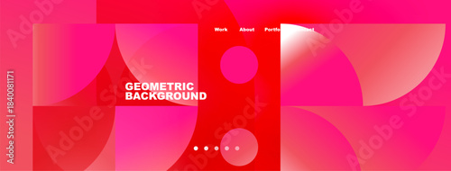 Abstract pink geometric background. Website header includes navigation work, about, portfolio, contact. Dots indicate sections.