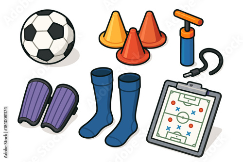 Soccer training equipment set: ball, cones, pump, shin guards, socks, and tactical board