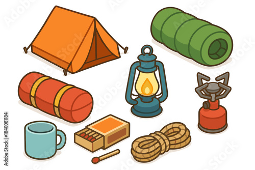 Camping gear illustration featuring tent, sleeping bags, lantern, stove, and accessories