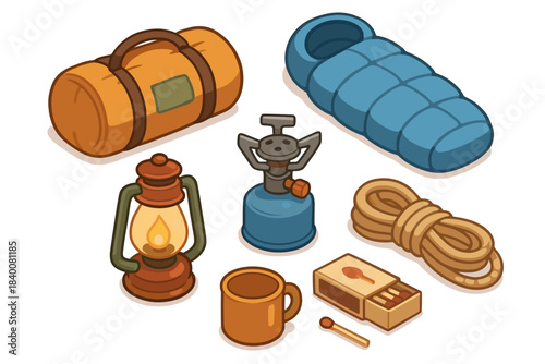 Camping essentials: sleeping bag, lantern, stove, rope, mug, matches for outdoor adventures