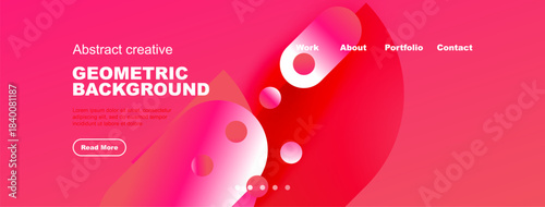 Abstract geometric background features vibrant pink, purple gradients. Text elements present, plus navigation options. Modern design.