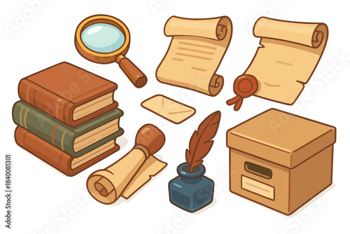 Vintage office supplies illustration with books, scrolls, magnifying glass, feather, and box