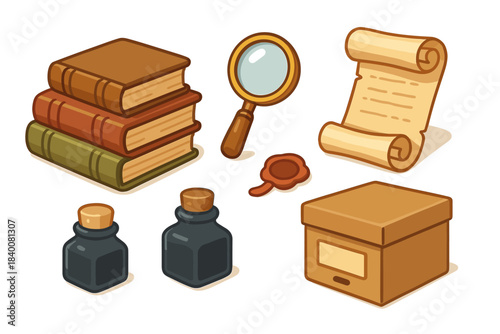 Vintage detective tools: books, magnifying glass, scroll, ink bottles, seal, box
