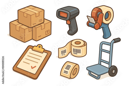 Cartoon shipping tools: boxes, scanner, tape dispenser, clipboard, labels, hand truck