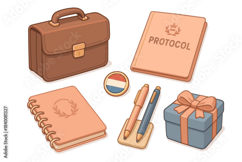 Office supplies collection with briefcase, notebooks, pens, gift box, and protocol badge