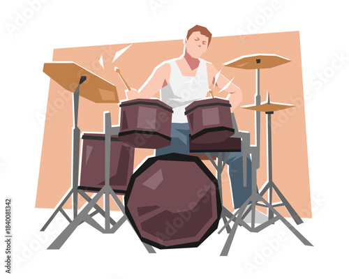Cartoon male drummer playing drum set. Flat vector illustration.