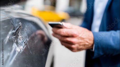 A middle-aged Caucasian man documents a car scratch with urban urgency, invoking Mischief Night's curious mishaps and lugubrious insurance lore