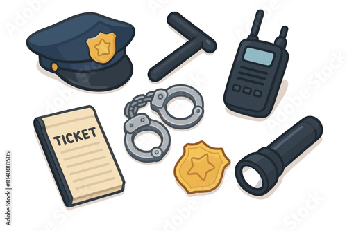 Illustrated police equipment set with cap, handcuffs, badge, radio, baton, flashlight, ticket
