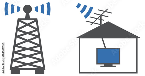アンテナから電波を取ってテレビを受信している家のイメージ素材