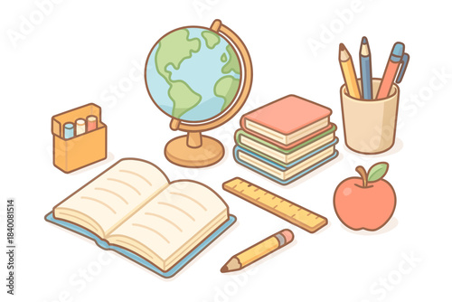 Illustrated school supplies with globe, books, and stationery on white background