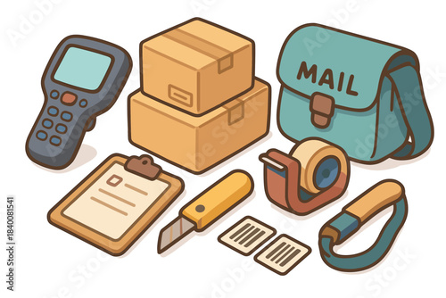 Illustration of mail tools: scanner, boxes, bag, clipboard, tape, knife, labels