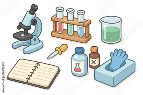 Cartoon science lab equipment with microscope test tubes and chemicals