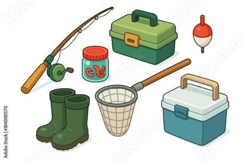 Fishing gear assortment: rod, tackle box, boots, and more