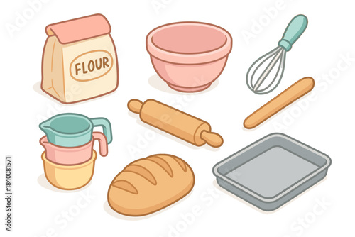 Cartoon baking tools with flour bag bowl whisk and bread