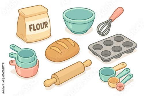 Cartoon baking essentials with flour, bread, utensils, measuring cups, and muffin tray