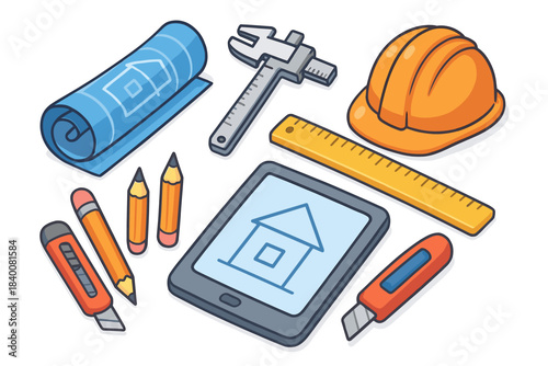 Construction tools and blueprint with tablet illustration