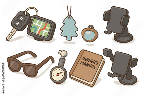 Car accessories: gps, air freshener, keys, sunglasses, manual, mounts