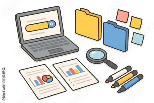 Office supplies: laptop, folders, documents, magnifying glass, highlighters, and sticky notes