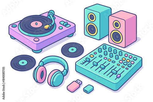 Colorful retro music setup with turntable and speakers