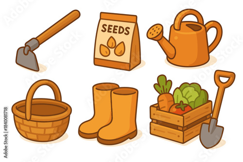 Gardening tools and accessories set with seeds, watering can, and harvest basket
