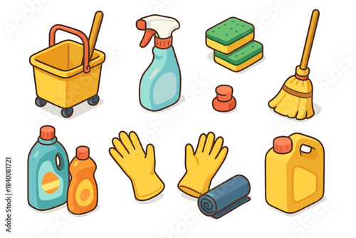 Cartoon cleaning supplies set with bucket, spray bottle, broom, and gloves
