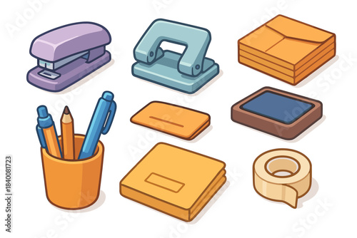 Office supplies collection: stapler, hole punch, sticky notes, pen holder, tape