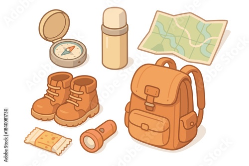 Adventure essentials set with backpack, compass, map, thermos, boots, flashlight, and snack bar