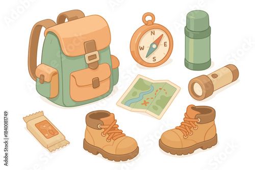 Camping gear essentials backpack boots compass map flashlight thermos