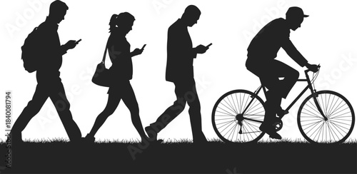 Urban People Silhouettes Using Mobile Phones While Walking and Cycling, Highlighting Technology Distraction, Digital Communication, and Modern Cityscape Life Vector Illustration.